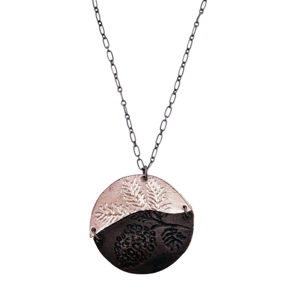 Anju Antiqued Pewter Shiny Pewter Flower Leaves Imprint Pendant Necklace - NEW